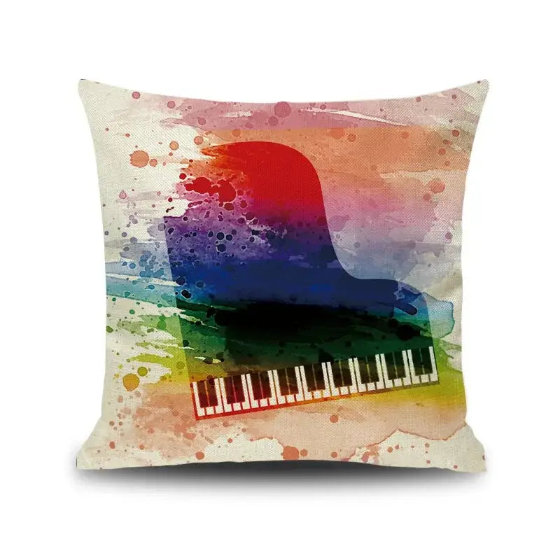 A square linen cushion cover featuring a vibrant notes piano graphic with rainbow splashes for living room decorbites decor