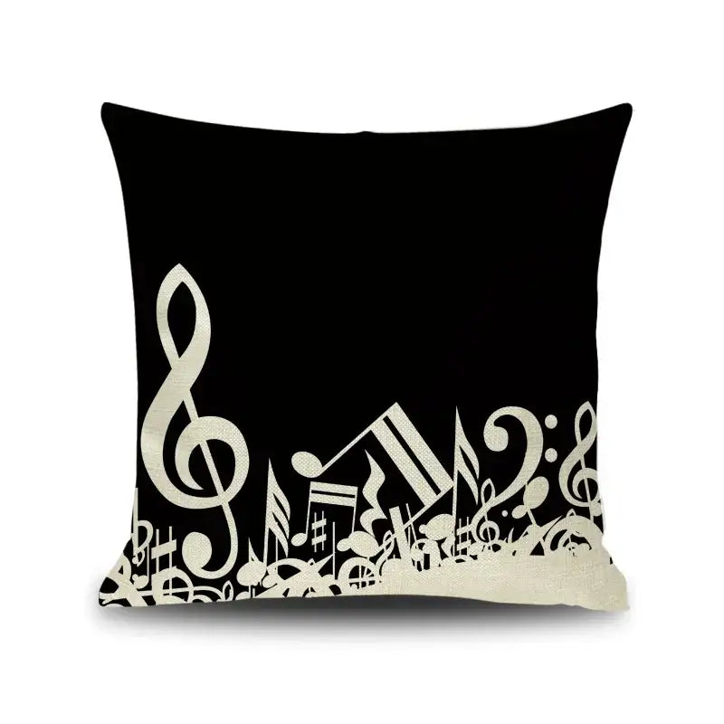 Black linen throw pillow with white jazz letter notes piano graphic design for living room decorbites letter notes decor