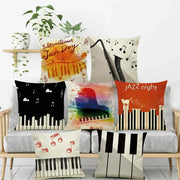 A collection of colorful jazz-themed linen cushion covers featuring notes piano graphic and letter notes piano decorbites designs