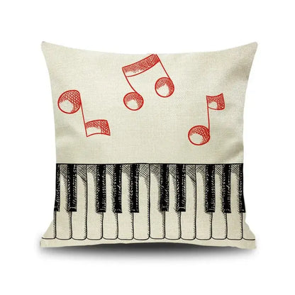 Beige linen throw pillow with black and red letter notes piano graphic design for decorbites letter notes living room decor