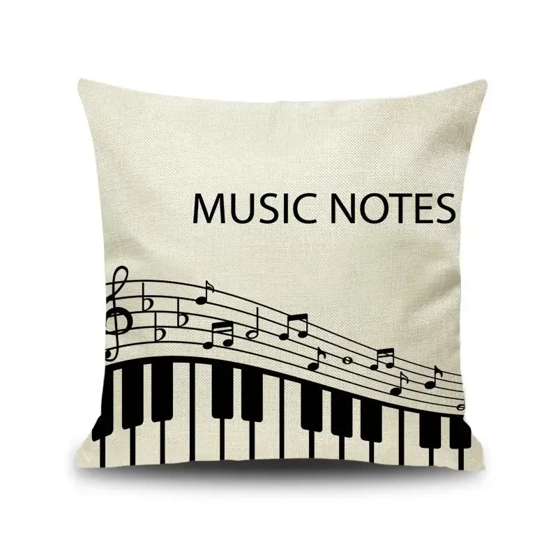 Beige linen throw pillow with black notes piano graphic and music notes text for living room decorbites letter notes decor