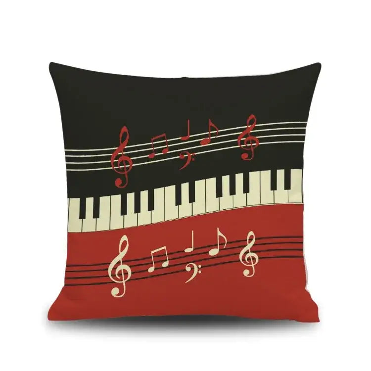 Black and red linen throw pillow with notes piano graphic featuring cream and red letter notes piano design decorbites letter notes