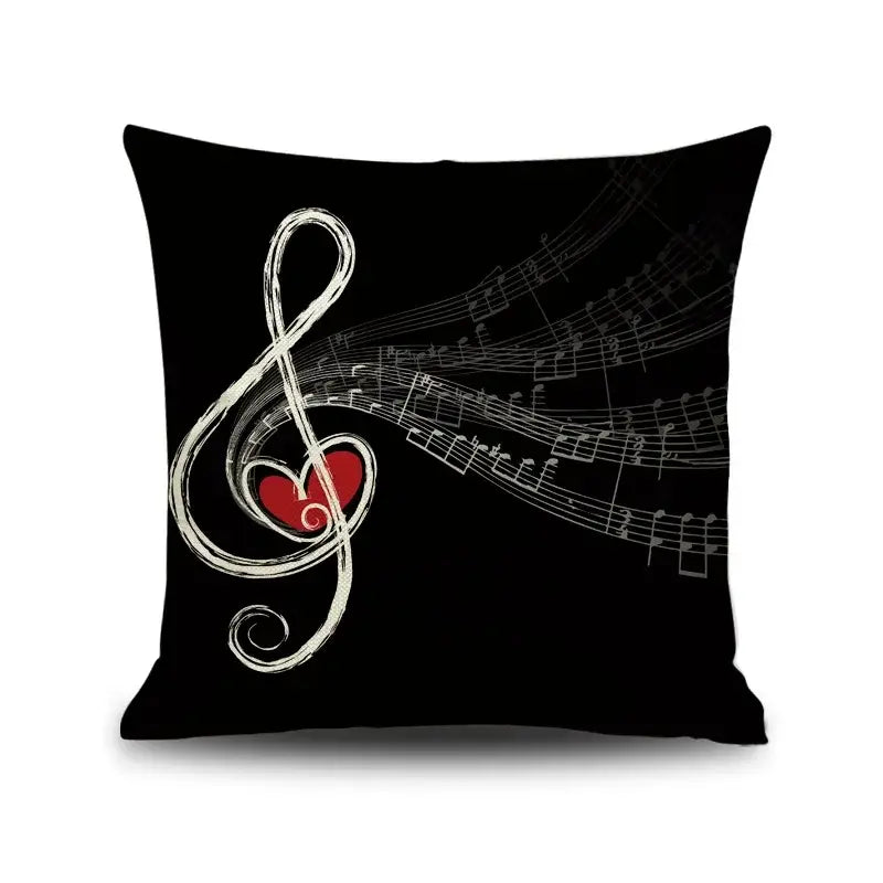 Black linen jazz throw pillow with white treble clef and red heart notes piano graphic for living room decorbites letter notes