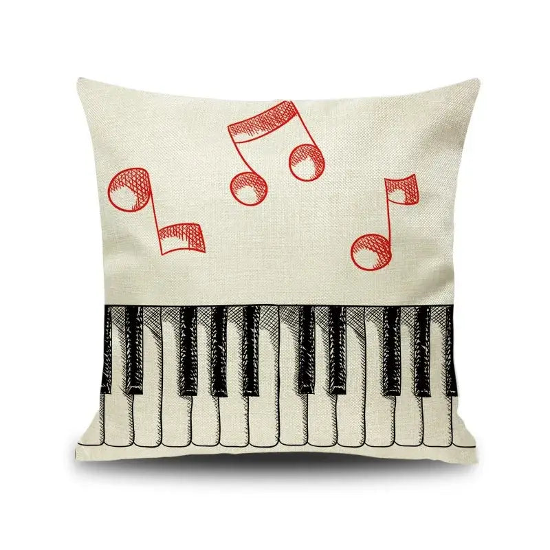 Beige linen throw pillow with black and red letter notes piano graphic design for living room decorbites decor