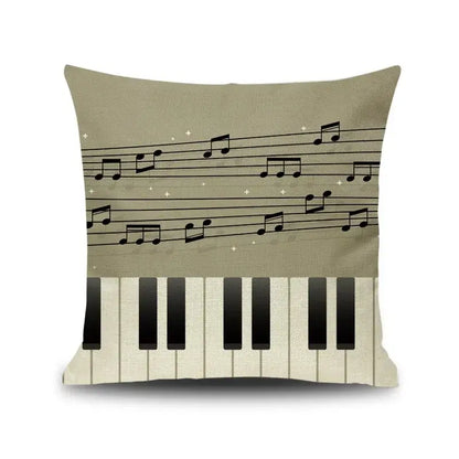 Beige linen throw pillow with letter notes piano graphic and black and white keyboard for living room decorbites decor