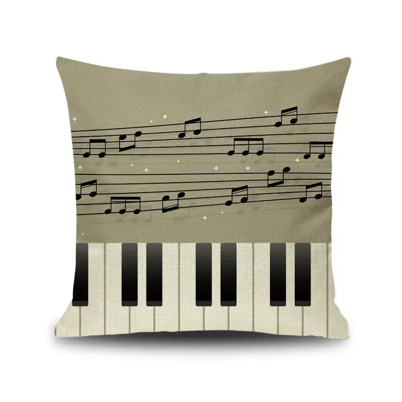 Beige linen throw pillow with letter notes piano graphic and black and white keyboard for living room decorbites decor