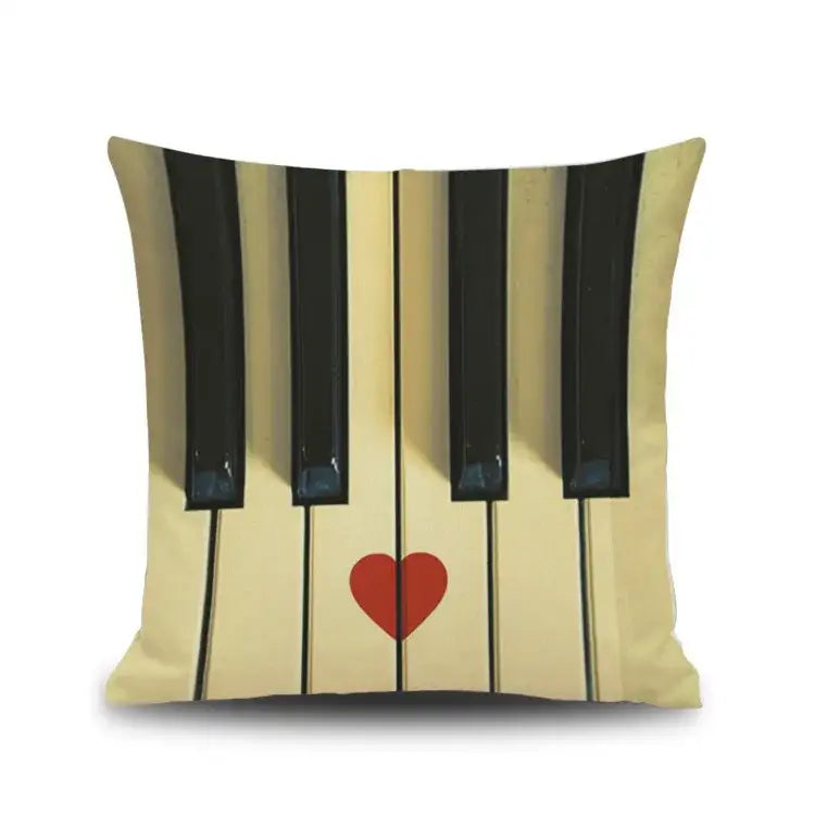 Beige linen cushion cover with black letter notes piano graphic and red heart for living room decorbites decorbites letter notes decor