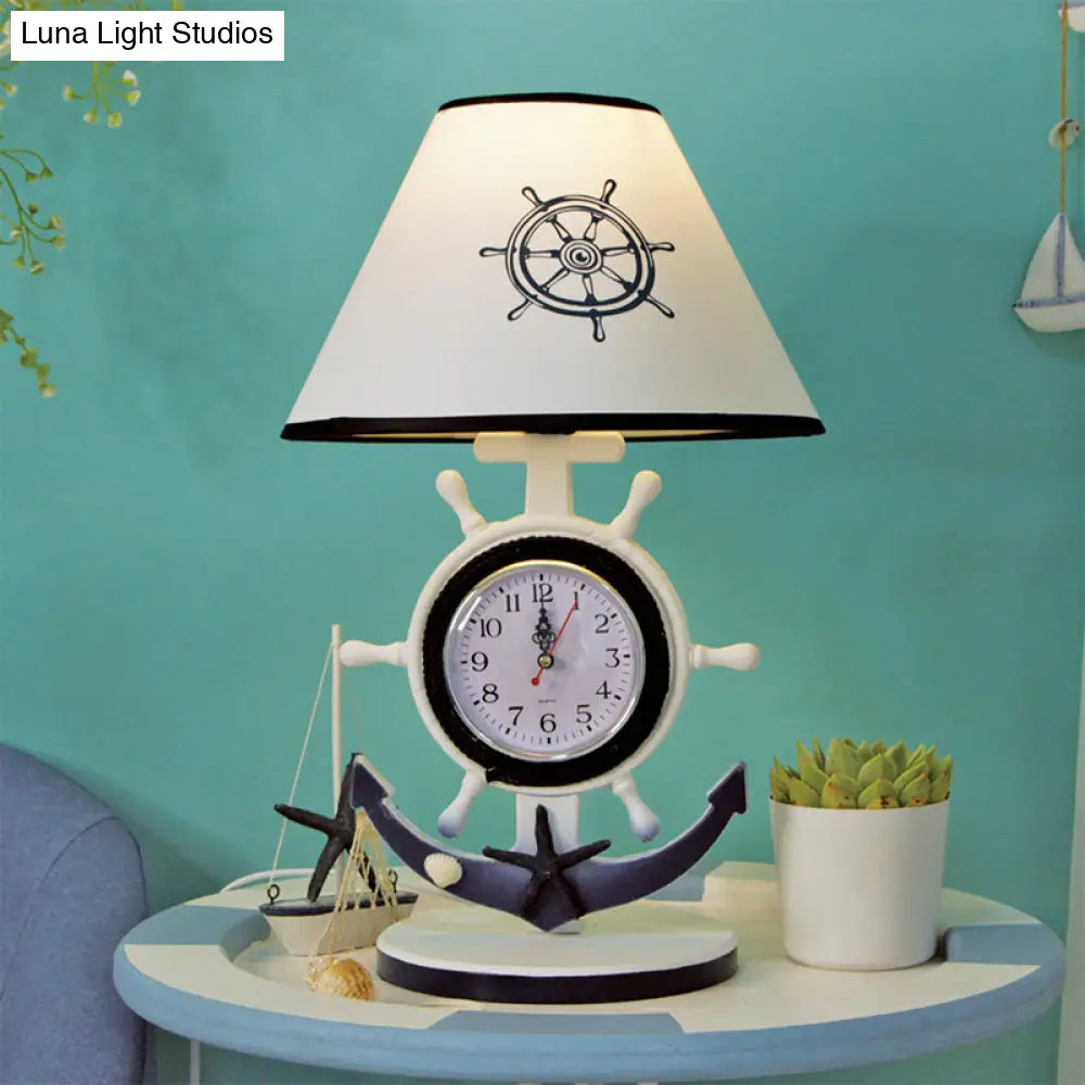 Jeanne - Children Rudder Base Table Lighting Children Style Resin Single Bulb Blue Shaded Night Stand Lamp with Clock Design