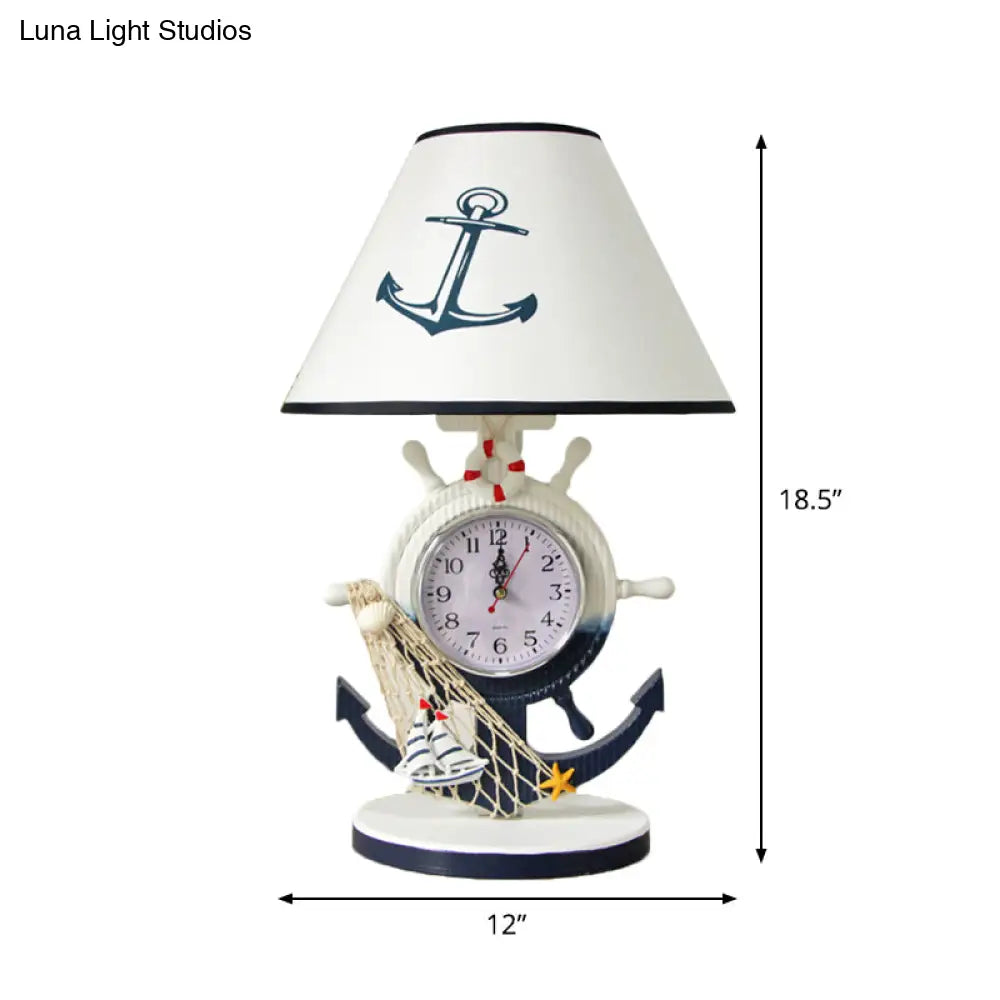 Jeanne - Children Rudder Base Table Lighting Children Style Resin Single Bulb Blue Shaded Night Stand Lamp with Clock Design