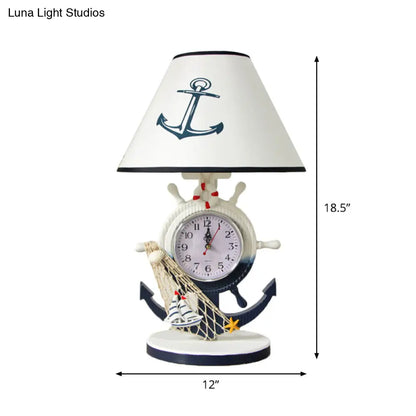 Jeanne - Children Rudder Base Table Lighting Children Style Resin Single Bulb Blue Shaded Night Stand Lamp with Clock Design