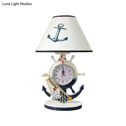 Jeanne - Children Rudder Base Table Lighting Children Style Resin Single Bulb Blue Shaded Night Stand Lamp with Clock Design