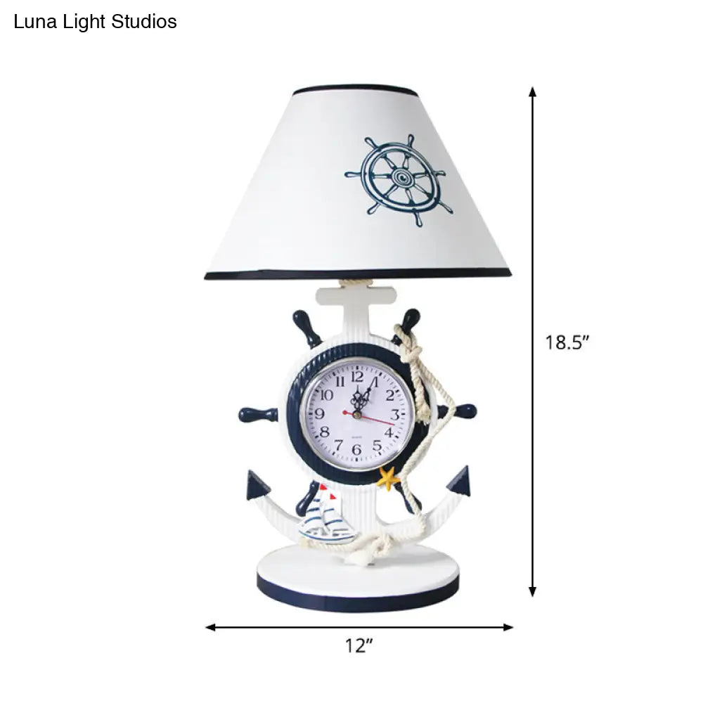 Jeanne - Children Rudder Base Table Lighting Children Style Resin Single Bulb Blue Shaded Night Stand Lamp with Clock Design