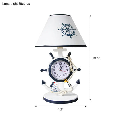 Jeanne - Children Rudder Base Table Lighting Children Style Resin Single Bulb Blue Shaded Night Stand Lamp with Clock Design