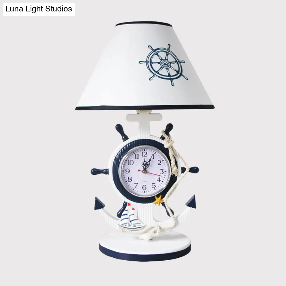 Jeanne - Children Rudder Base Table Lighting Children Style Resin Single Bulb Blue Shaded Night Stand Lamp with Clock Design