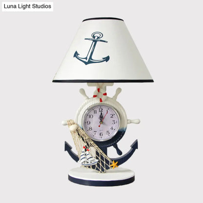 Jeanne - Children Rudder Base Table Lighting Children Style Resin Single Bulb Blue Shaded Night Stand Lamp with Clock Design