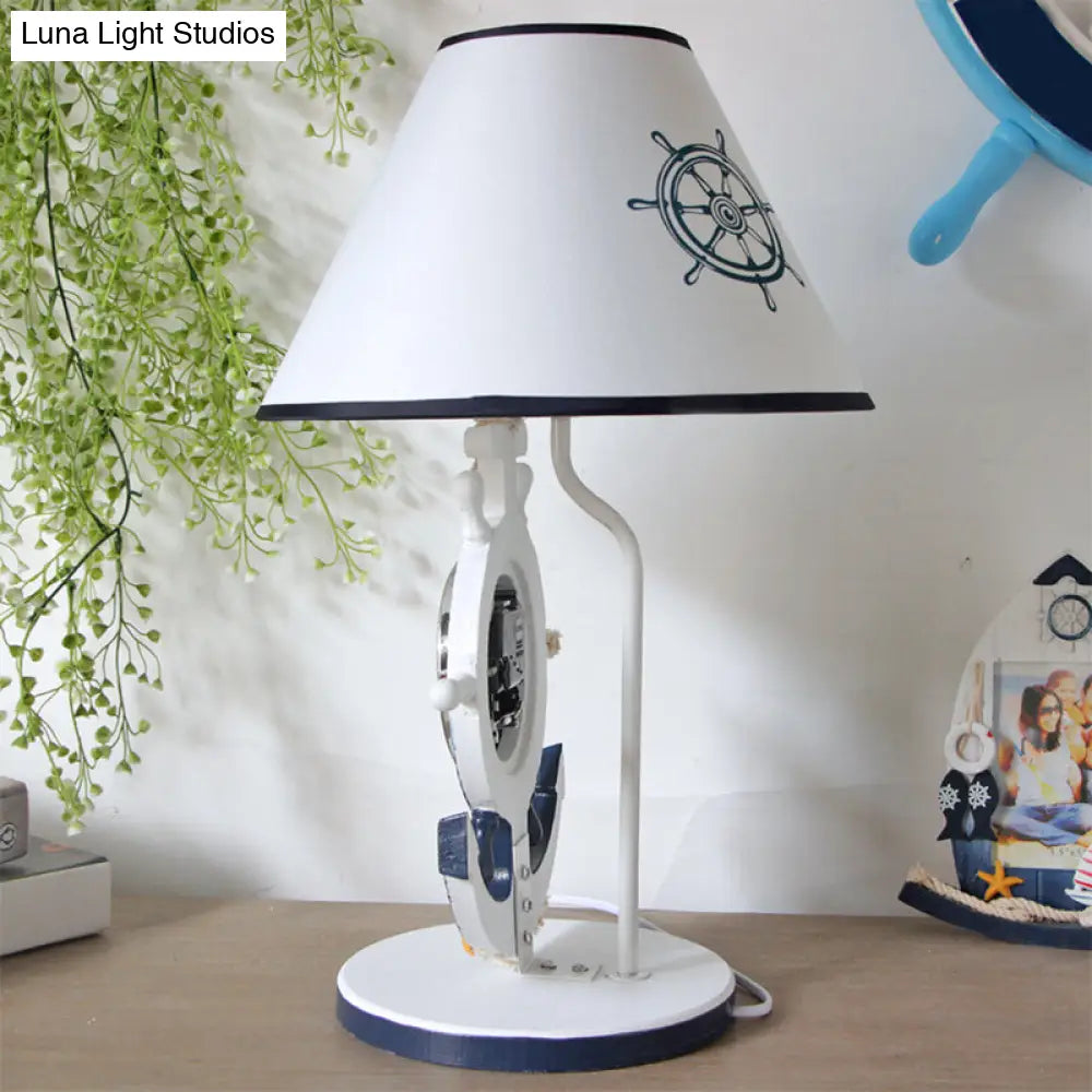 Jeanne - Children Rudder Base Table Lighting Children Style Resin Single Bulb Blue Shaded Night Stand Lamp with Clock Design