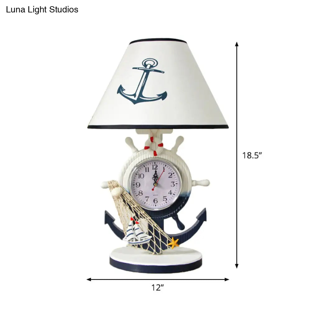 Jeanne - Children Rudder Base Table Lighting Children Style Resin Single Bulb Blue Shaded Night Stand Lamp with Clock Design