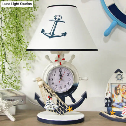 Jeanne - Children Rudder Base Table Lighting Children Style Resin Single Bulb Blue Shaded Night Stand Lamp with Clock Design