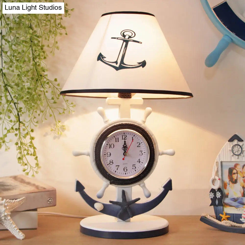 Jeanne - Children Rudder Base Table Lighting Children Style Resin Single Bulb Blue Shaded Night Stand Lamp with Clock Design