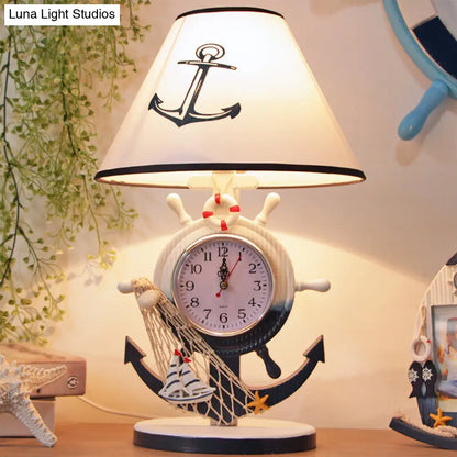 Jeanne - Children Rudder Base Table Lighting Children Style Resin Single Bulb Blue Shaded Night Stand Lamp with Clock Design