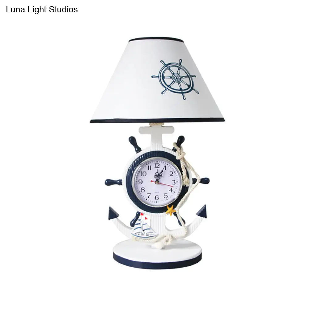 Jeanne - Children Rudder Base Table Lighting Children Style Resin Single Bulb Blue Shaded Night Stand Lamp with Clock Design