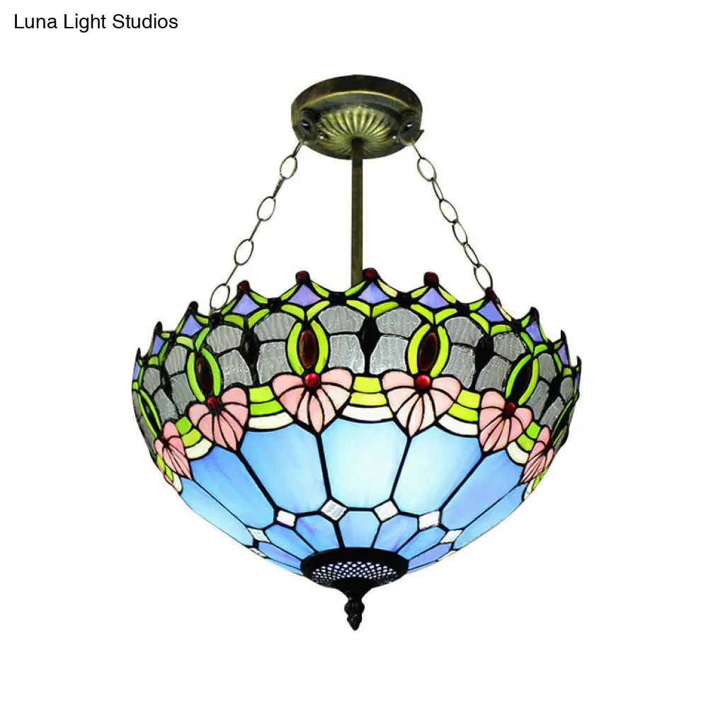 Jeweled Semi-Flush Mount Ceiling Light with Art Glass Shade - 3 Lights, Blue - 16" Width, Perfect for Bedroom