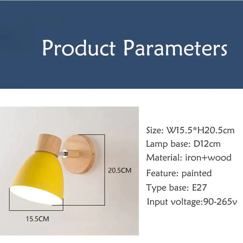 Yellow painted metal joan wooden reading wall lamp with natural wood base and mounting plate for bedroom lighting