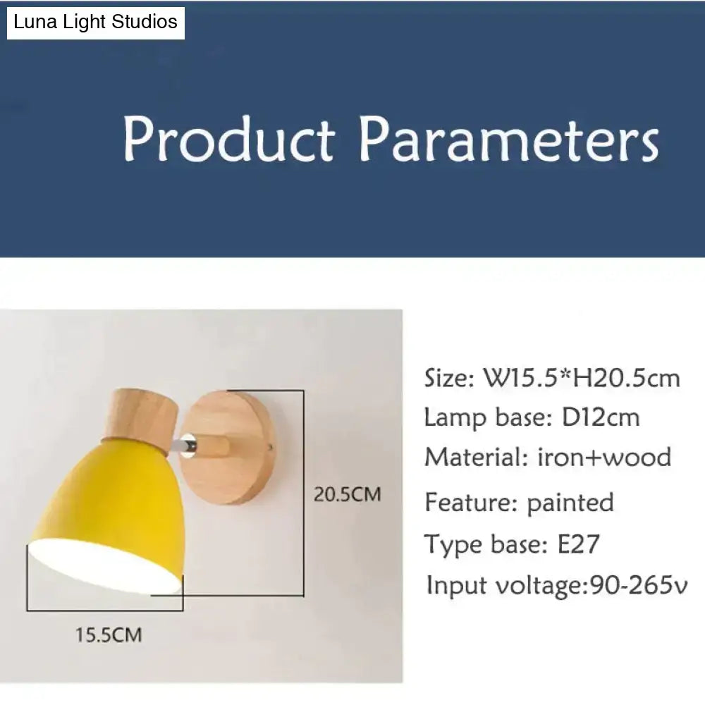 Yellow painted iron and wood joan wooden reading wall lamp with wooden base for natural wood bedroom light