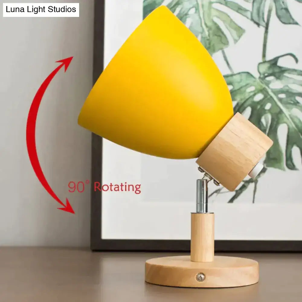 Joan wooden reading wall lamp with bright yellow matte lampshade and natural wood adjustable 90-degree arm