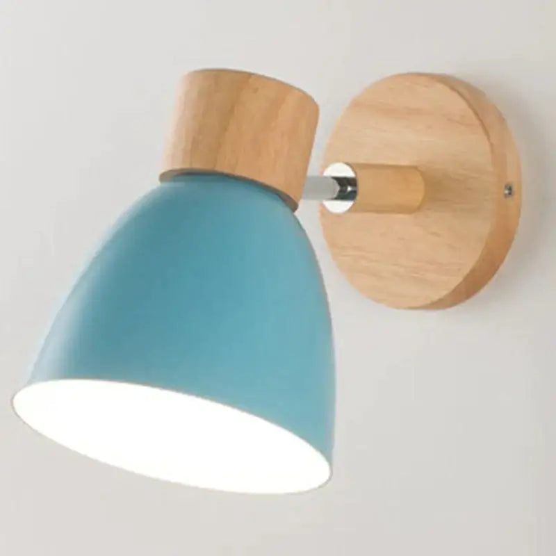 Blue matte joan wooden reading wall lamp with metal lampshade and natural wood base for bedroom lighting