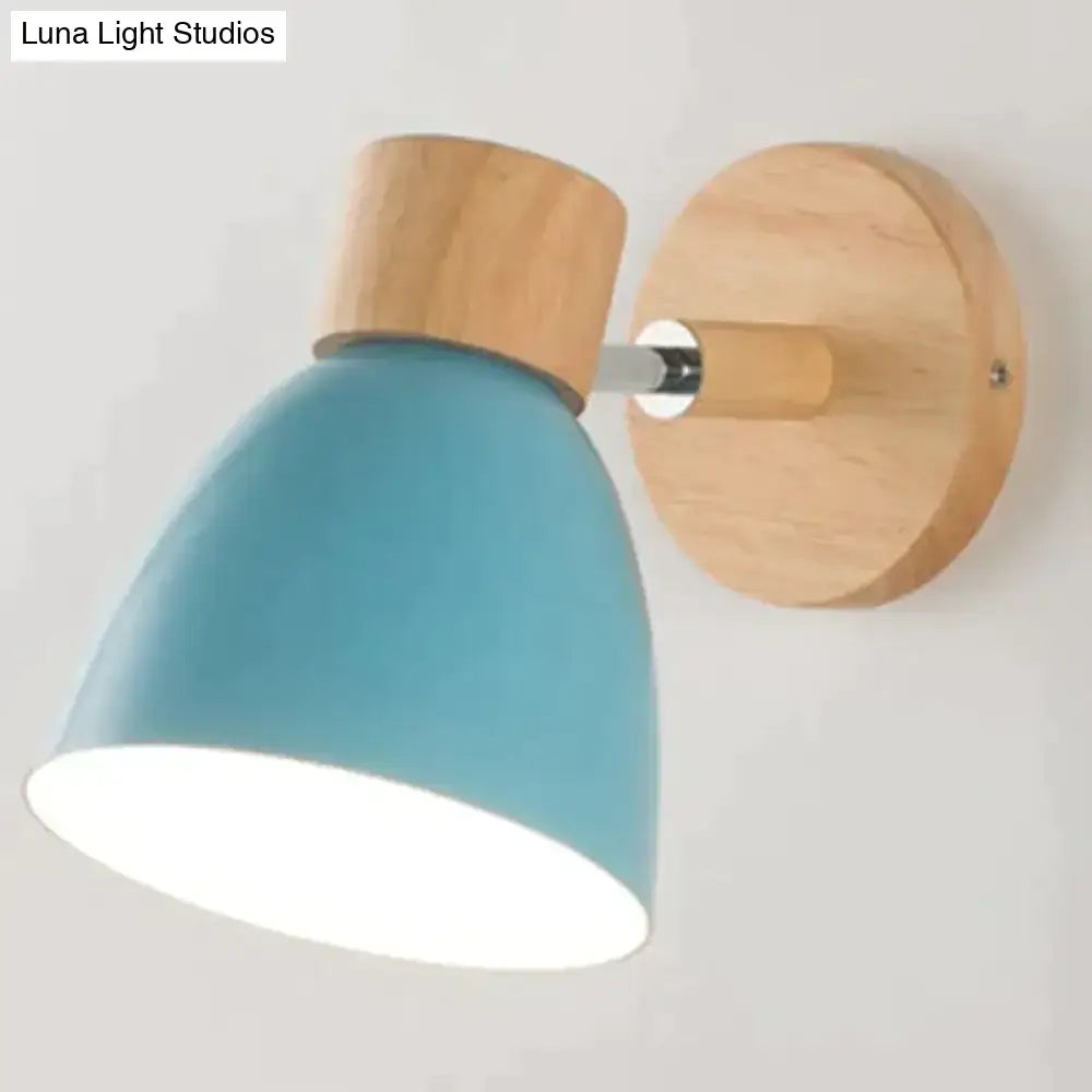 Blue matte joan wooden reading wall lamp with metal lampshade and natural wood base for bedroom lighting