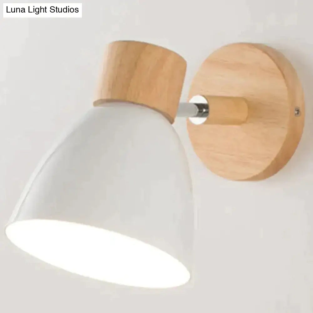 Minimalist joan wooden reading wall lamp with white conical shade, natural wood accents, and polished chrome hardware