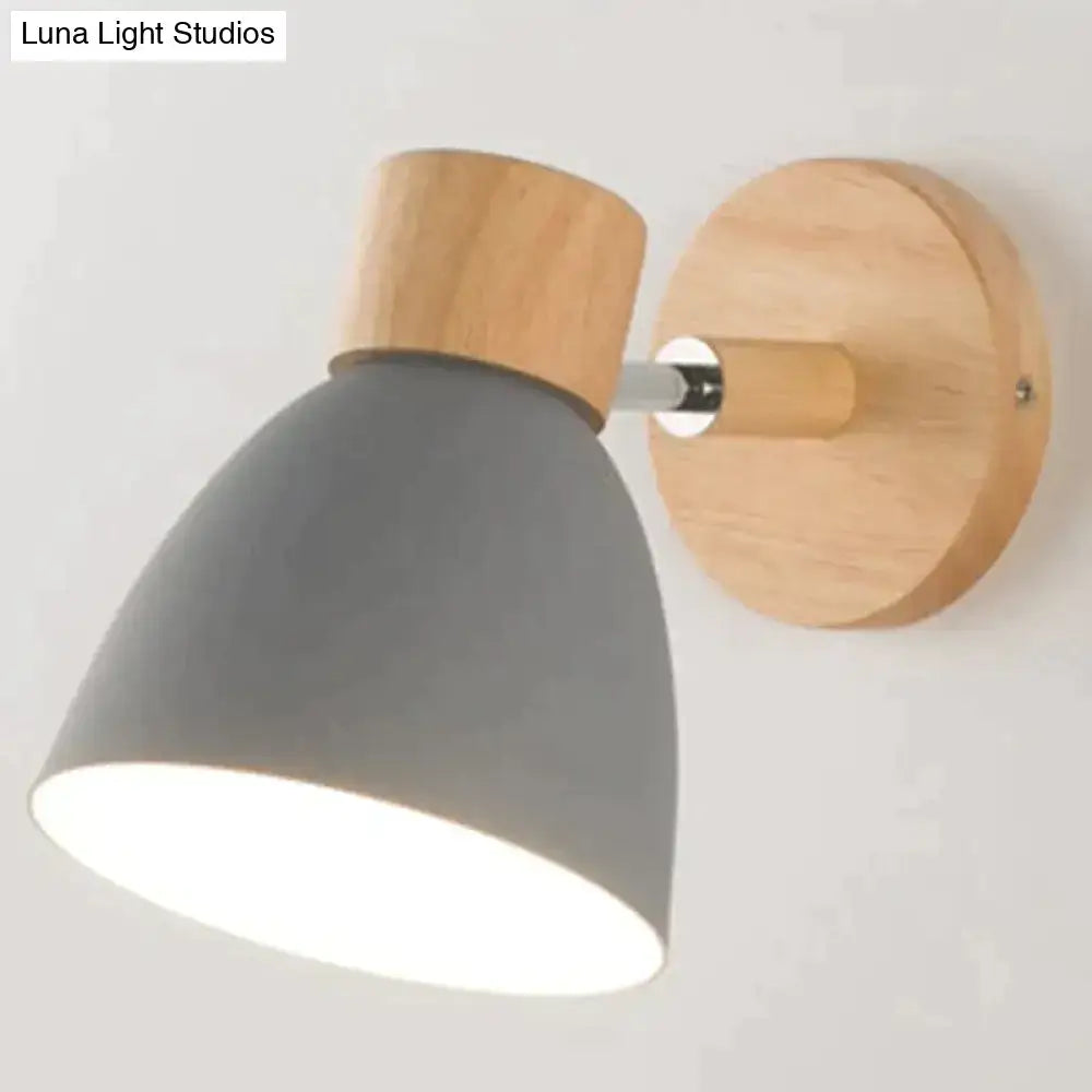Gray matte-finished joan wooden reading wall sconce with natural wood base and conical shade for bedroom lighting
