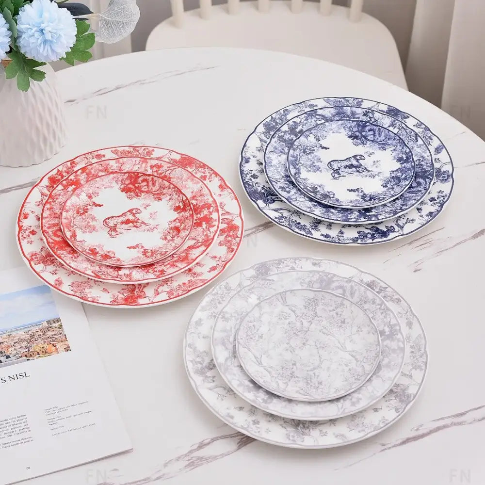 Set of three decorbites jungle bone china toile animal dinner plates in red blue and grey with intricate patterns