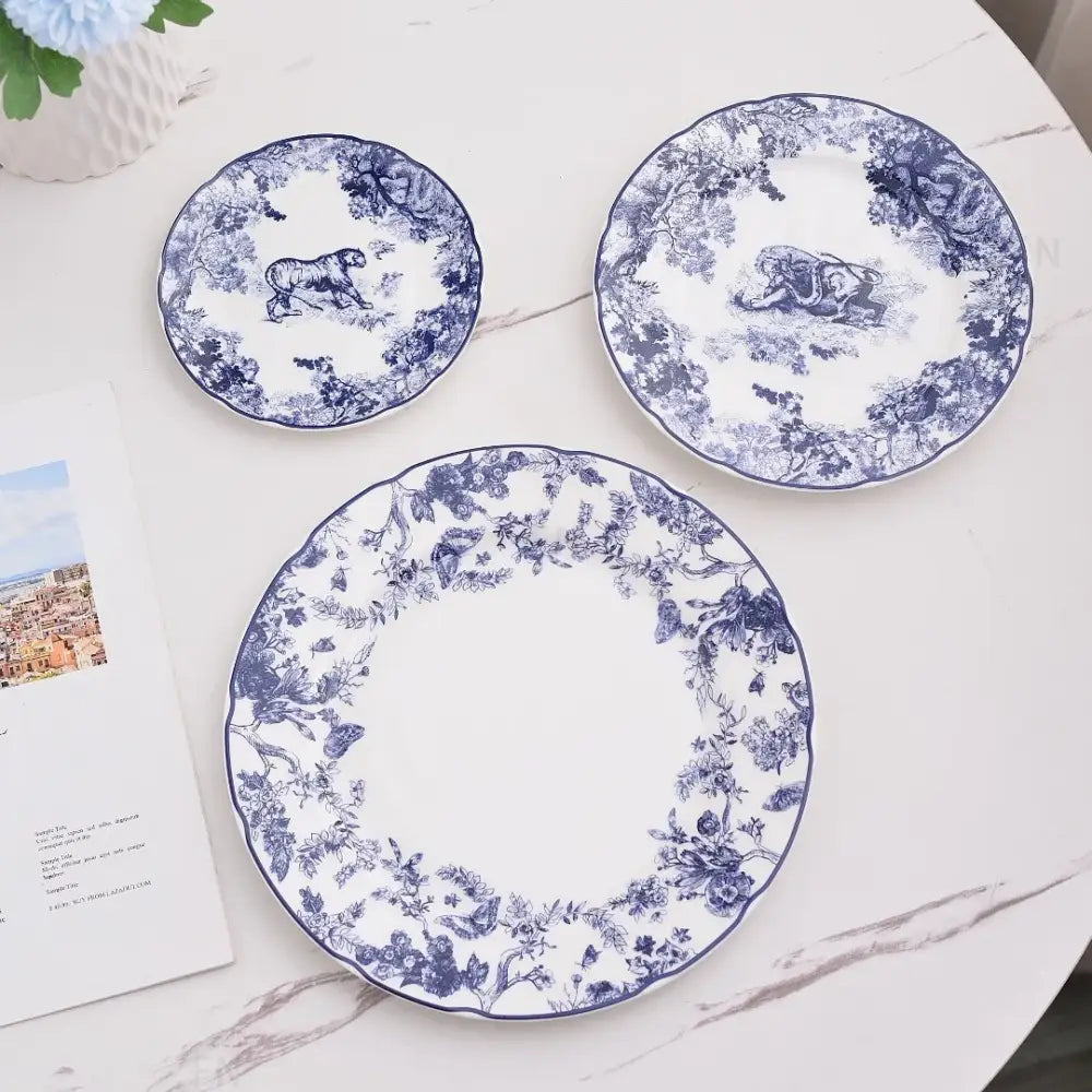Set of three blue and white porcelain jungle bone china toile animal plates for dining room decorbites jungle bone