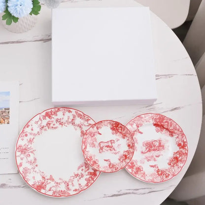 Set of three white ceramic jungle bone china toile animal plates with intricate red floral motifs for dining room decorbites jungle bone