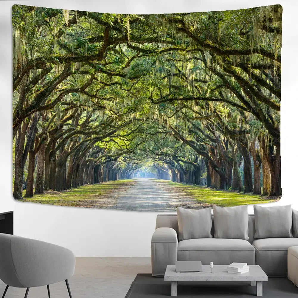 A rectangular jungle path mandala tapestry featuring a lush green forest with sprawling branches and hanging moss decorbites jungle path