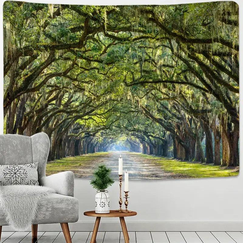 Jungle path mandala tapestry features a rectangular wall hanging with a scenic tree-lined avenue in rich greens and browns