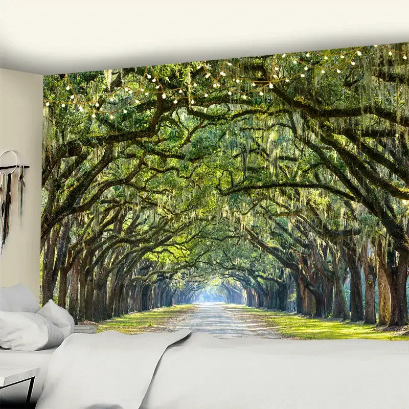 A lush green jungle path mandala tapestry with ancient oak design hanging in a serene bedroom decorbites jungle path