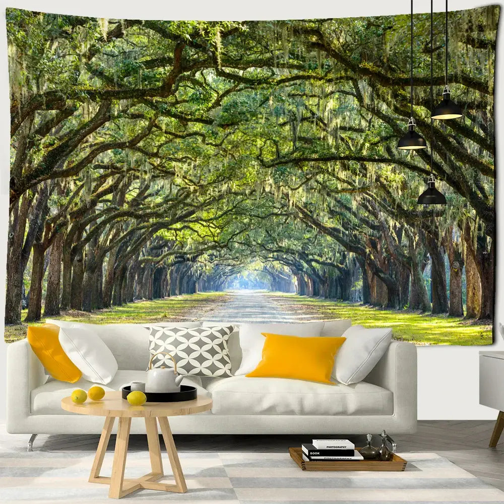 Jungle path mandala tapestry featuring lush green moss-draped oak tree tunnel hanging above white sofa