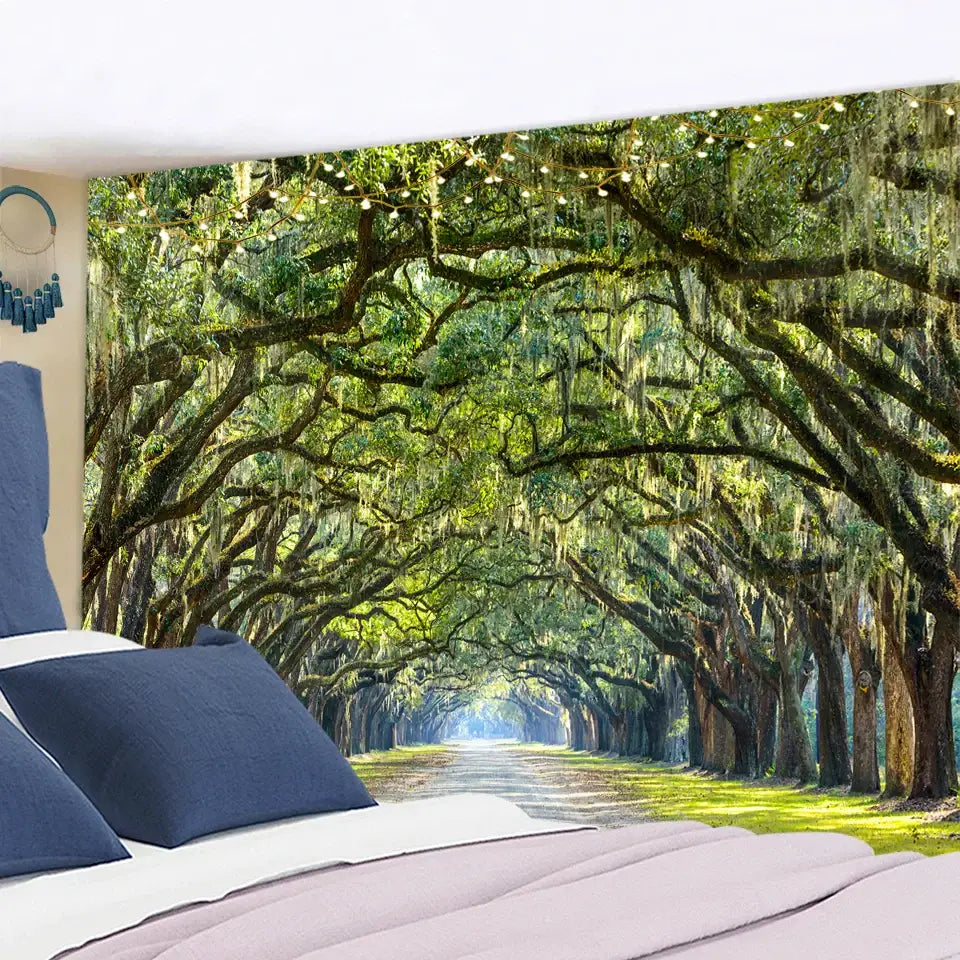 A jungle path mandala tapestry featuring a vibrant forest path with moss-draped oak trees in rich greens and browns