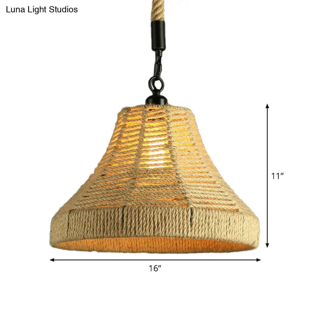 Jute Rope Drop Pendant Rustic Brown Restaurant Hanging Light - Single Hand-Worked Design