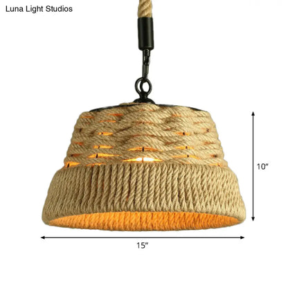 Jute Rope Drop Pendant Rustic Brown Restaurant Hanging Light - Single Hand-Worked Design