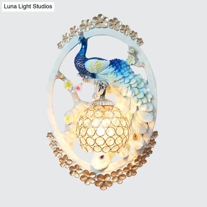 DecorBites™ K9 Crystal Ball Peacock Design Wall Sconce - Contemporary Blue & White Living Room Lighting
