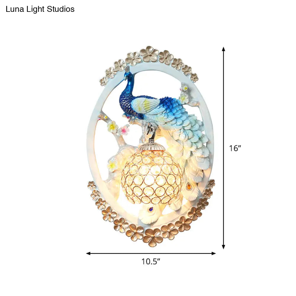 DecorBites™ K9 Crystal Ball Peacock Design Wall Sconce - Contemporary Blue & White Living Room Lighting