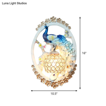 DecorBites™ K9 Crystal Ball Peacock Design Wall Sconce - Contemporary Blue & White Living Room Lighting
