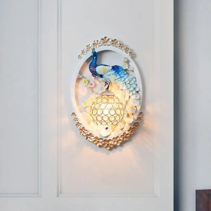 DecorBites™ K9 Crystal Ball Peacock Design Wall Sconce - Contemporary Blue & White Living Room Lighting