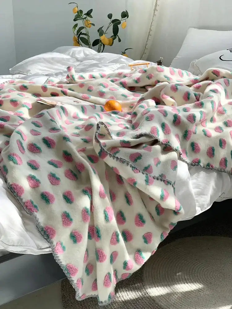A soft cream kids wool blanket with a cherry kids wool pattern and cozy texture for bedroom decorbites 3d cherry decor