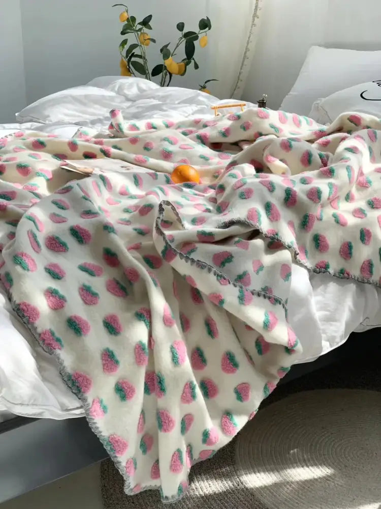 A soft cream kids wool blanket with kawaii pink strawberry and green leaf pattern perfect for bedroom decorbites 3d cherry decor