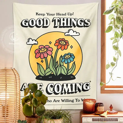 A cream wall hanging decorbites cartoon flowers tapestry with cheerful smiling flowers and motivational text for bedroom decor